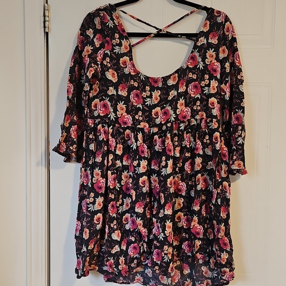 American Eagle Floral Mini Shirt Dress Womens Medium Bell Sleeve - Picture 3 of 4
